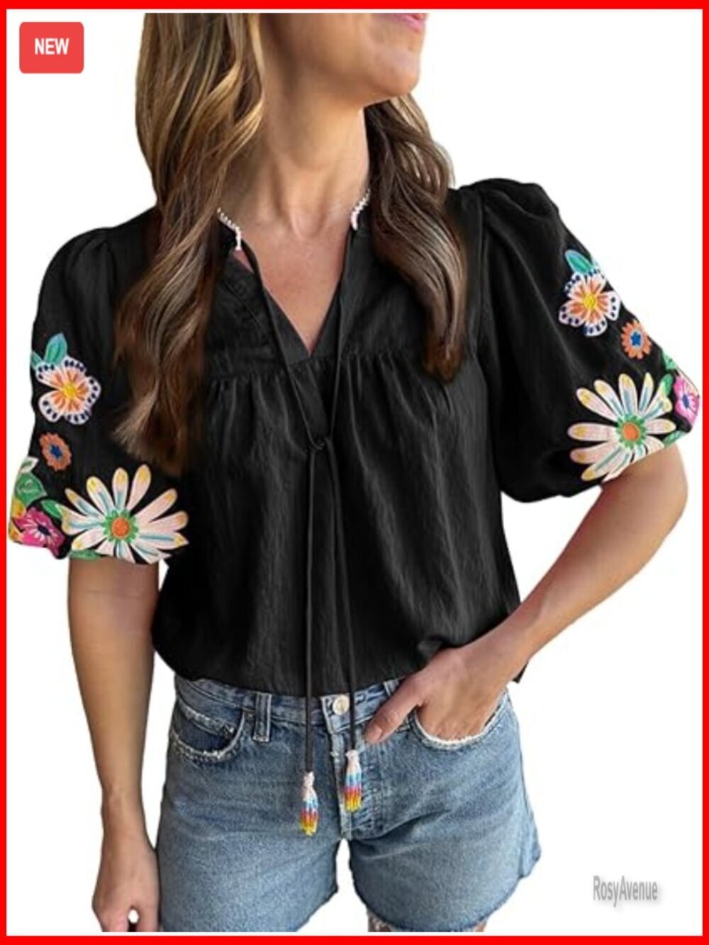 Women's Boho Embroidered V Neck Puff Sleeve Tunic Blouse